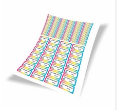 Cartela a3 com 78 unidades de adesivo 4x1 e 24 unidades de adesivo 6x3 com cantos arredondados, acabamento em PROLAM.